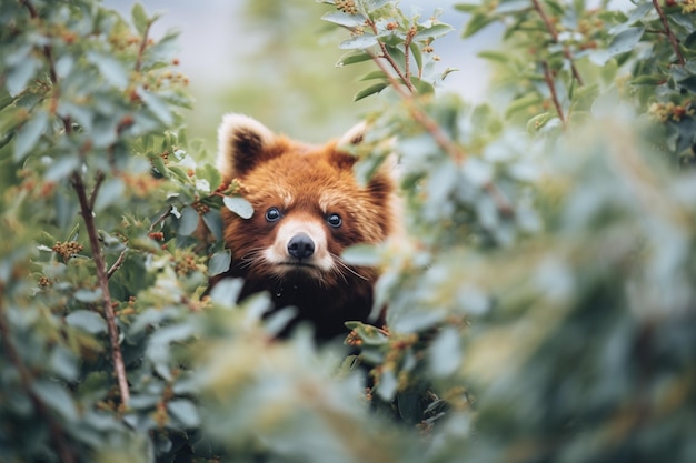 Photo red panda hiding in thick tree foliage