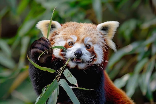 Photo a red panda is closeup munching on bamboo an adorable red panda munching on bamboo