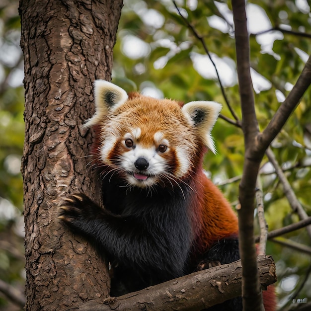 Photo a red panda is sitting in a tree with a red face and a black and white face