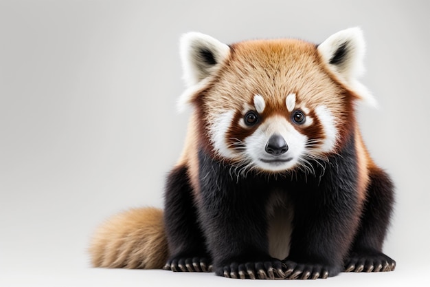 A red panda is sitting on a white background.