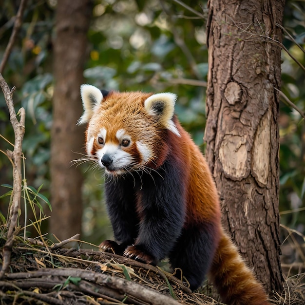 a red panda is standing in a forest with trees and bushes