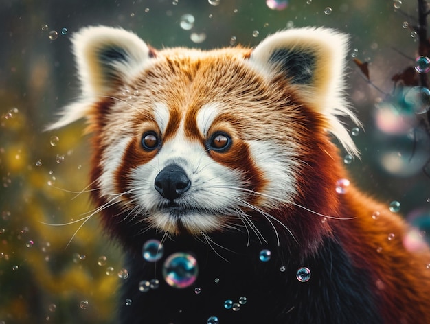 A red panda looks at a bubble in the air.