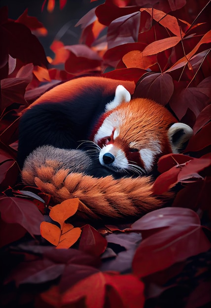 Red panda napping on a bed of leaves its belly rising and falling with each breath generative ai