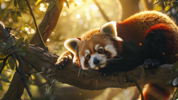 Photo red panda perched on a tree branch illuminated by sunlight