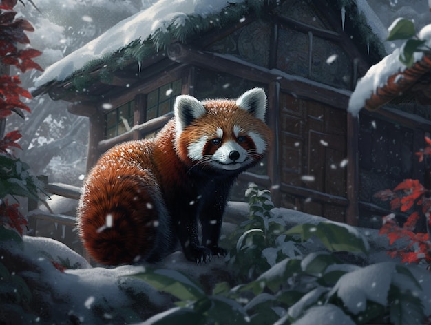 A red panda sits in the snow in a snowy forest.