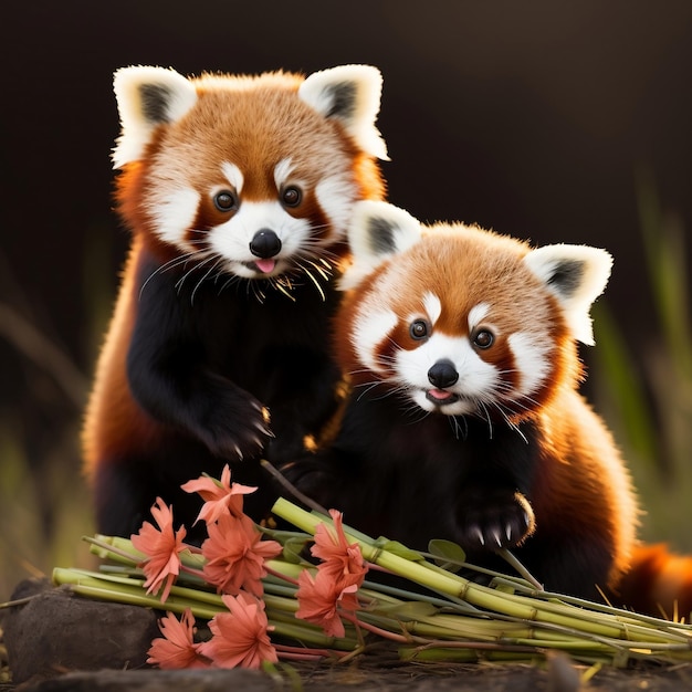 Red Pandas Play with Flowers in Realistic Style Dramatic Lighting