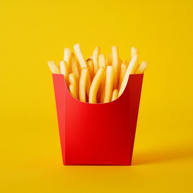 A red paper box of french fries on a yellow background