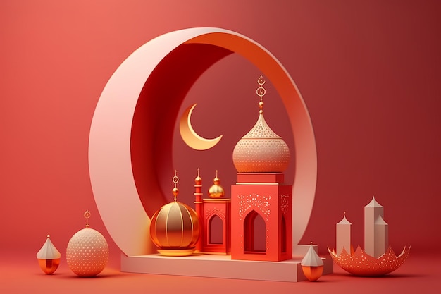 Red paper cut art of a mosque and moon