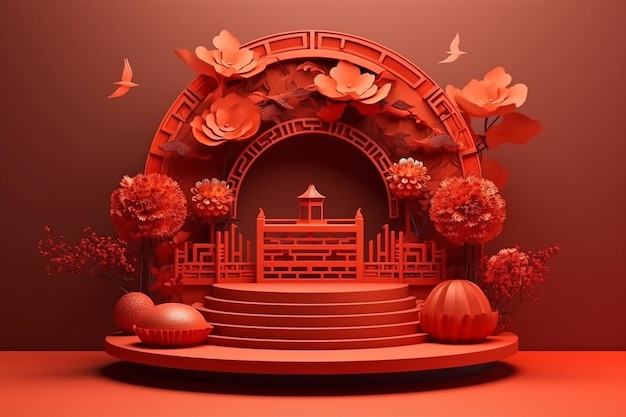 A red paper cut art with a chinese landscape in the background.