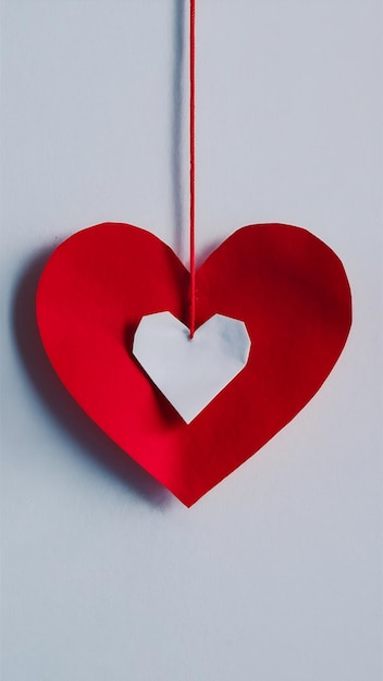 Red paper heart hanging on white background