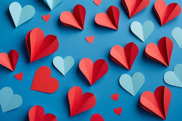 Red paper hearts on blue background