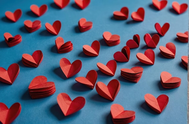 Red Paper Hearts on Blue Background