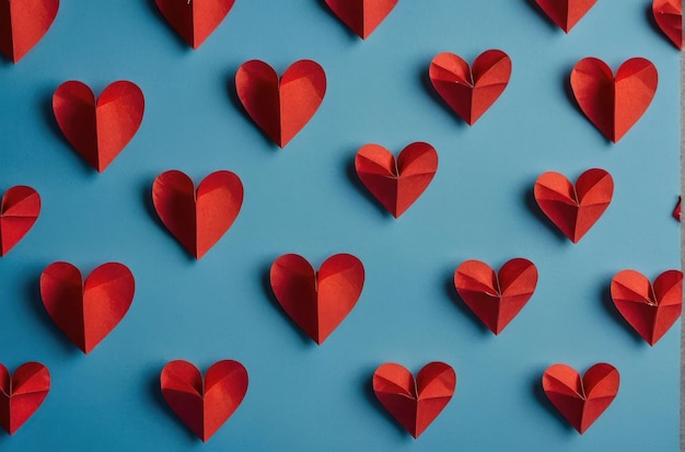 Red Paper Hearts on Blue Background