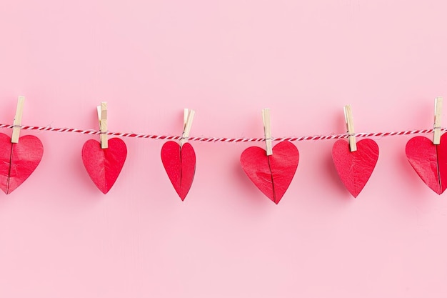 Photo red paper hearts hanging on a pink background