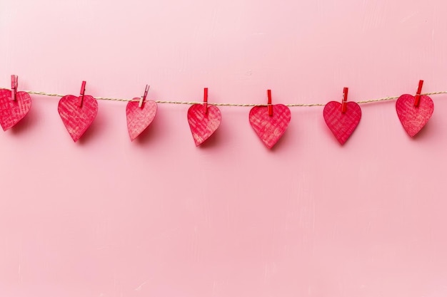 Photo red paper hearts hanging on a string with clothes pegs