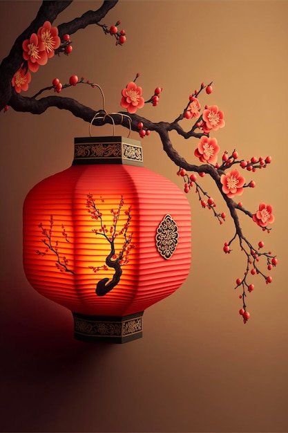 Red paper lantern hanging from a tree branch generative ai