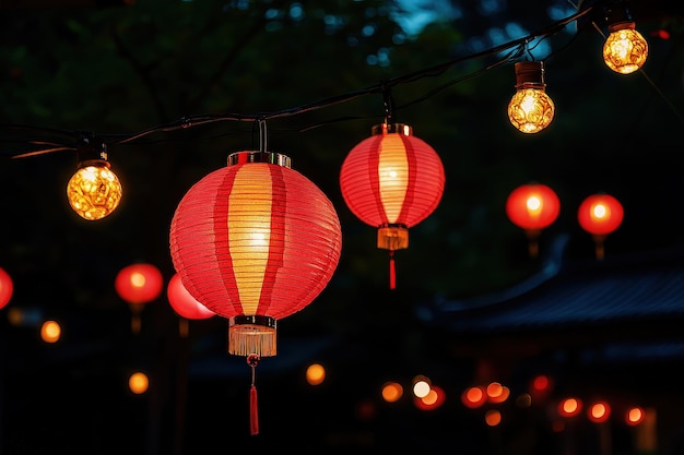 Photo red paper lanterns glowing at night festival