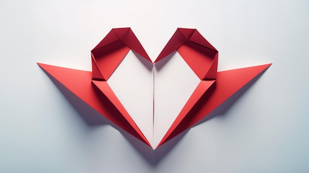 Red paper origami heart on white background