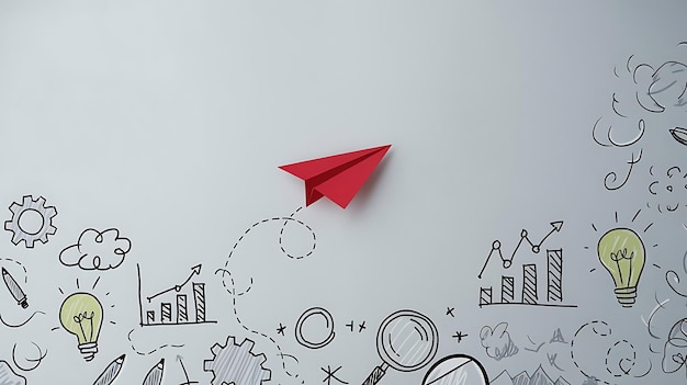 Red paper plane and business strategy on white background Business success innovation and solution concept copy space