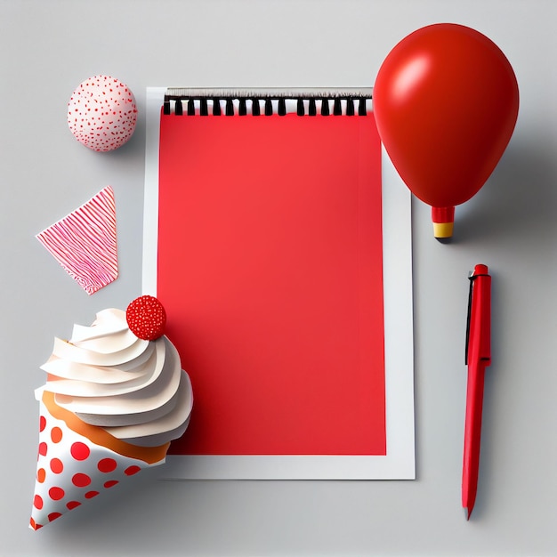 A red paper with a cupcake and a pen next to it.