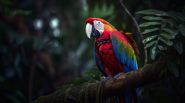 Red parrot Macaw parrot fly in dark green vegetation Scarlet Macaw Ara macao in tropical forest