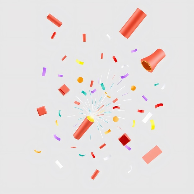 Photo red party popper exploding with colorful confetti on a white background