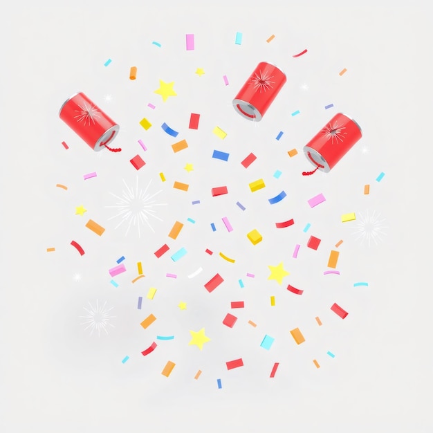 Photo red party poppers with confetti and stars on white background