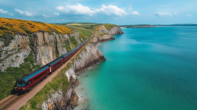 Photo red passenger train running along coastal cliffside