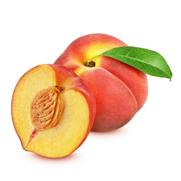 Red peach whole and halved isolated