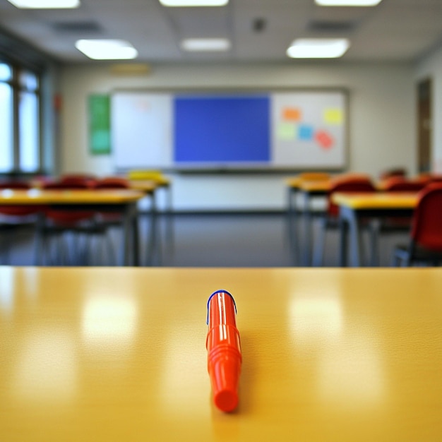 Photo a red pen is on a table in a classroom with other desks