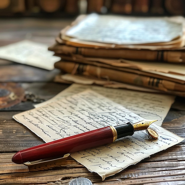 a red pen sits on a table with a notepad that saysthe letter quot on it