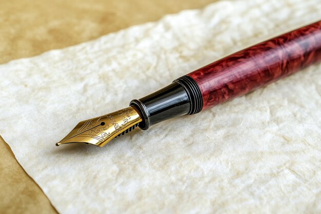 a red pen with gold writing on a white sheet