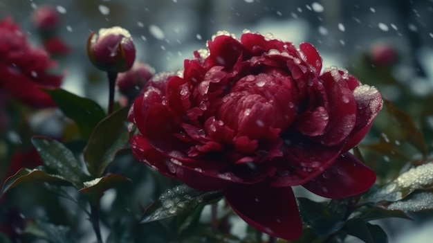 A red peony in the snow