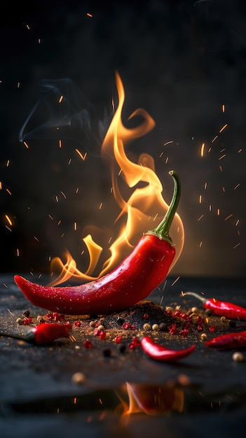 red pepper on fire on a black background