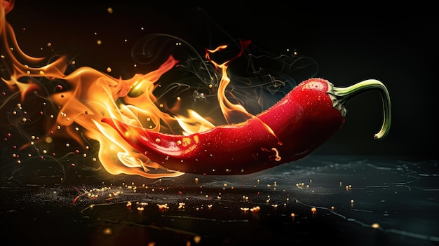 red pepper on fire on a black background