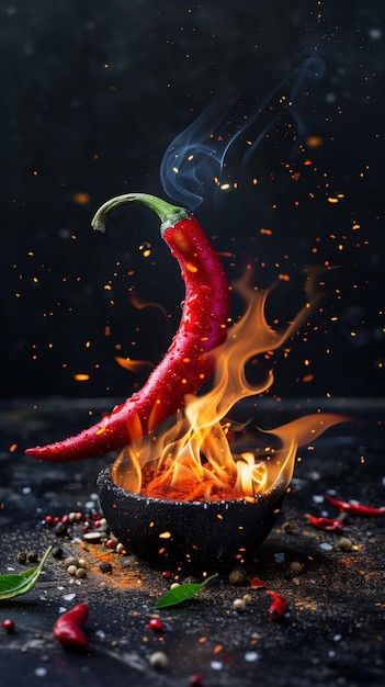 red pepper on fire on a black background