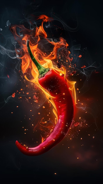 red pepper on fire on a black background