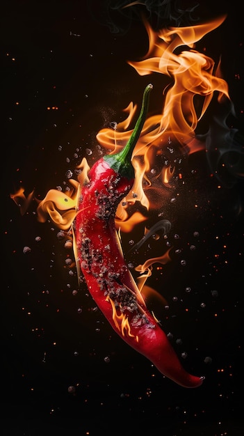 red pepper on fire on a black background