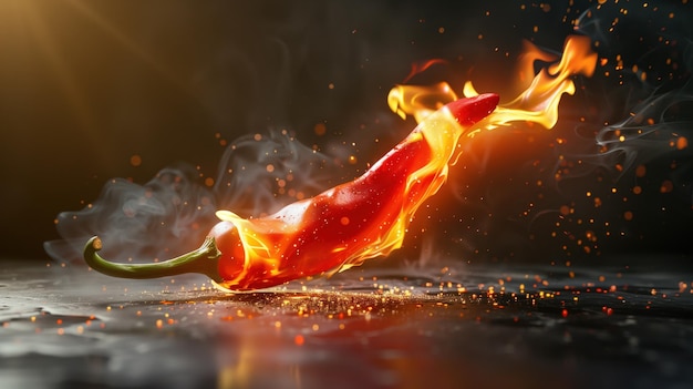 red pepper on fire on a black background