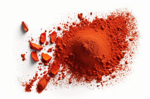 Red pepper flakes piled up against a white background Top view of cayenne pepper powder Powdered red pepper paprika top view isolated on a white backdrop Red powder pile on a white background is