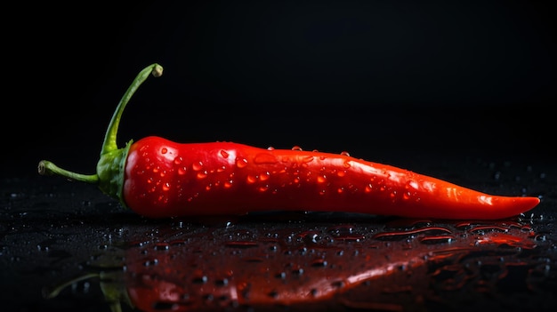 a red pepper is on a black surface with water drops