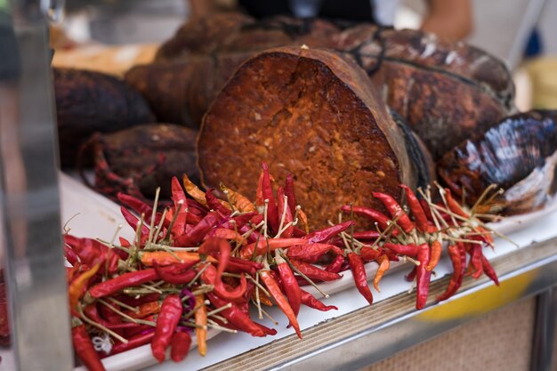 Red pepper typical product of majorca Spain in a street store