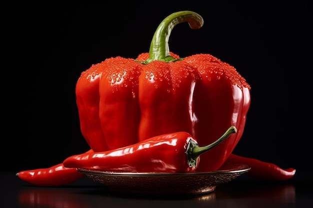 a red pepper with a green stem and a black background.