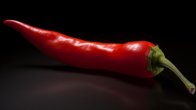 A red pepper with a green stem is on a black background.