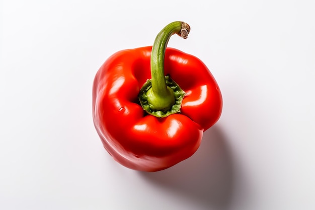 A red pepper with a green stem is on a white background.