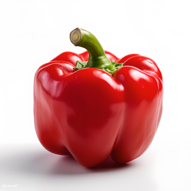 A red pepper with a green stem is on a white surface