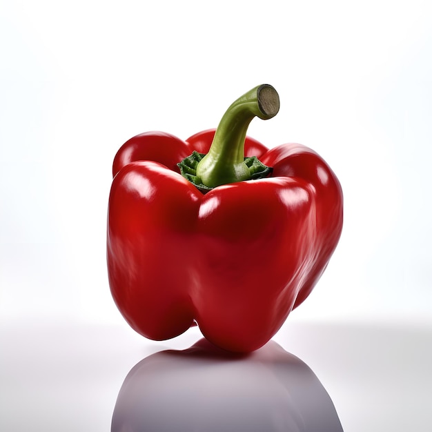 A red pepper with a green stem is on a white surface.