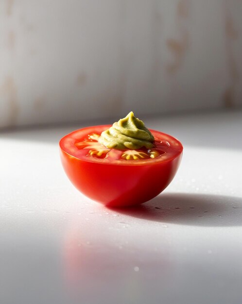 Photo a red pepper with a green substance on it is on a table