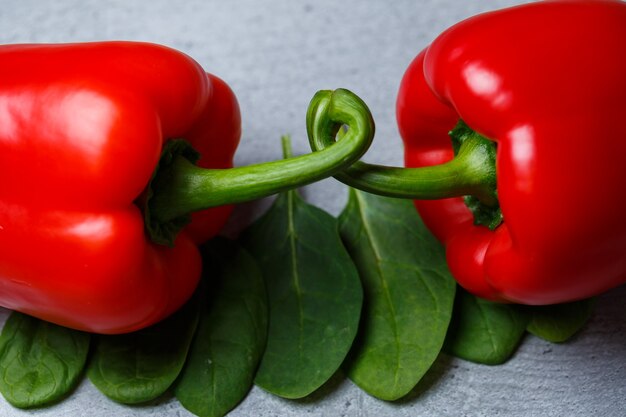 Red pepper with spinach on a gray table