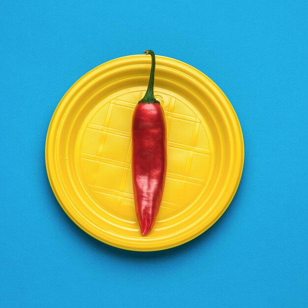 Red pepper in a yellow plate on a blue background